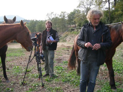 Zwei Filmemacher mit Kamera umgeben von Pferden