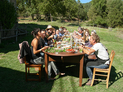 Menschen sitzen auf einer Weide am Waldrand im Sommer um einen reich mit vegetarischen Speisen gedeckten Tisch.